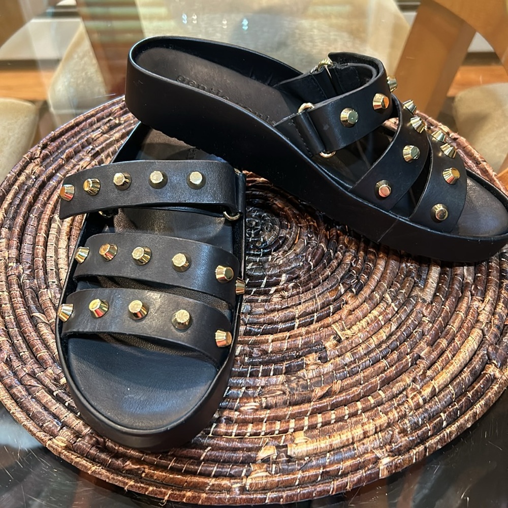 Limited edition Kenneth Cole “Gentle Souls” black leather & gold studded sandals